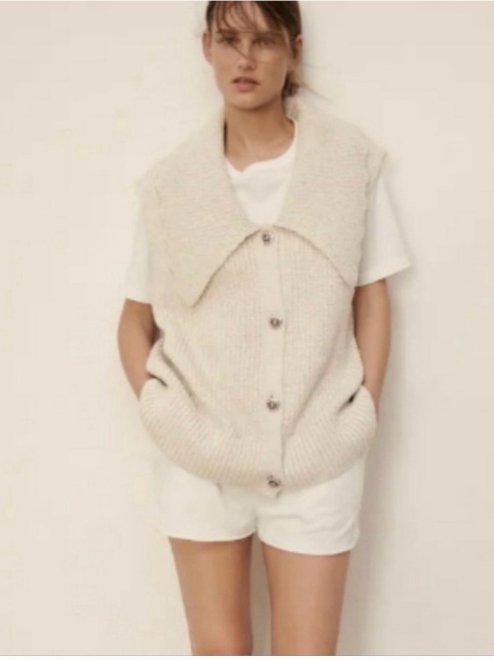 Zara Sweater Vest S Shimmer Knit Jewel Button Peter Pan Oversized Collar Cottage